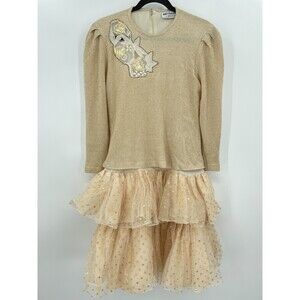 NANCY BRACOLONI Vintage Tiered Metallic Gold Ruffled Tutu Skirt Dress Size M